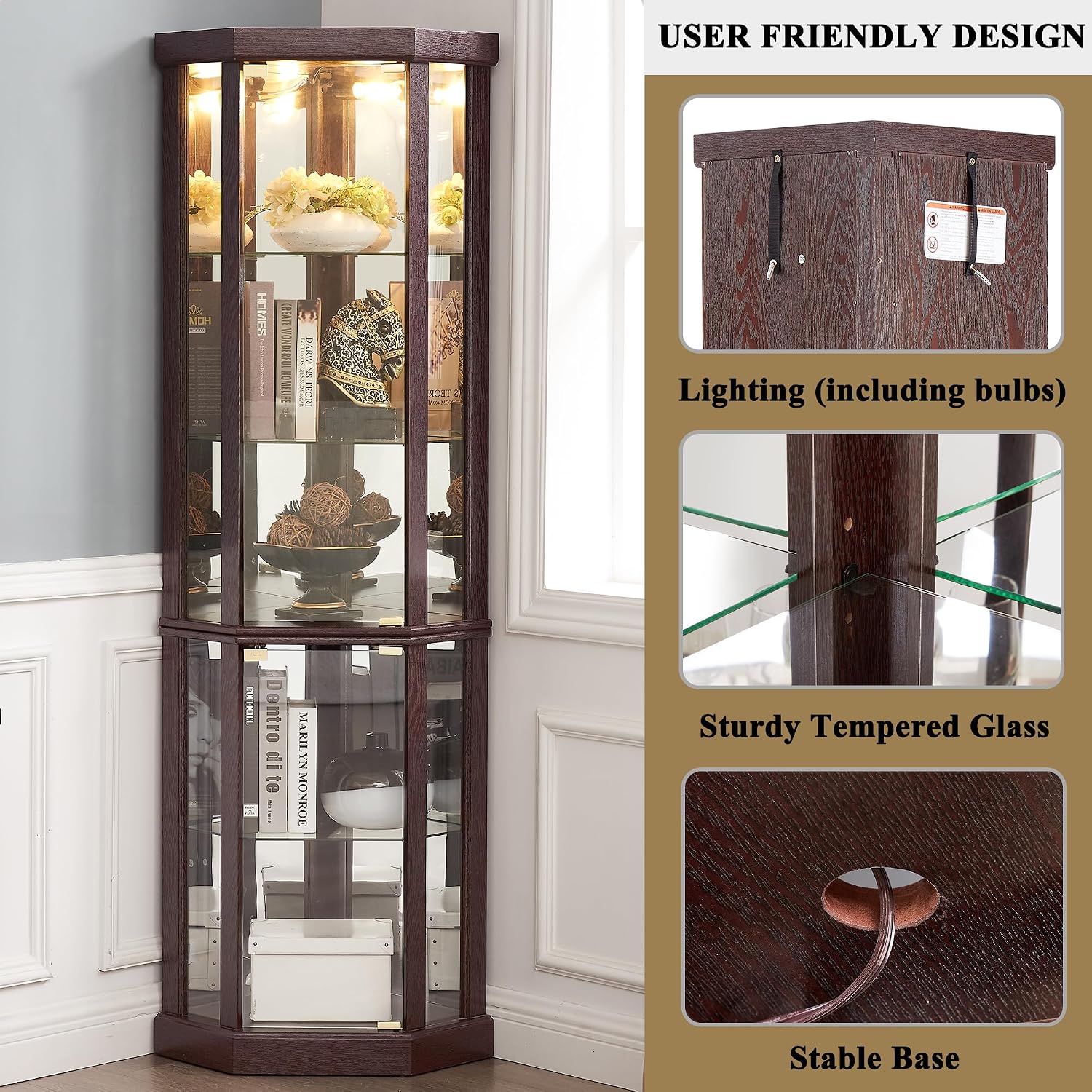 69' H Lighted Corner Display Cabinet, Curio Corner Glass Cabinet w/Adjustable Shelves & Glass Door, 5-Tier Wooden Storage Display Case w/Mirrored Back Pane for Living Room