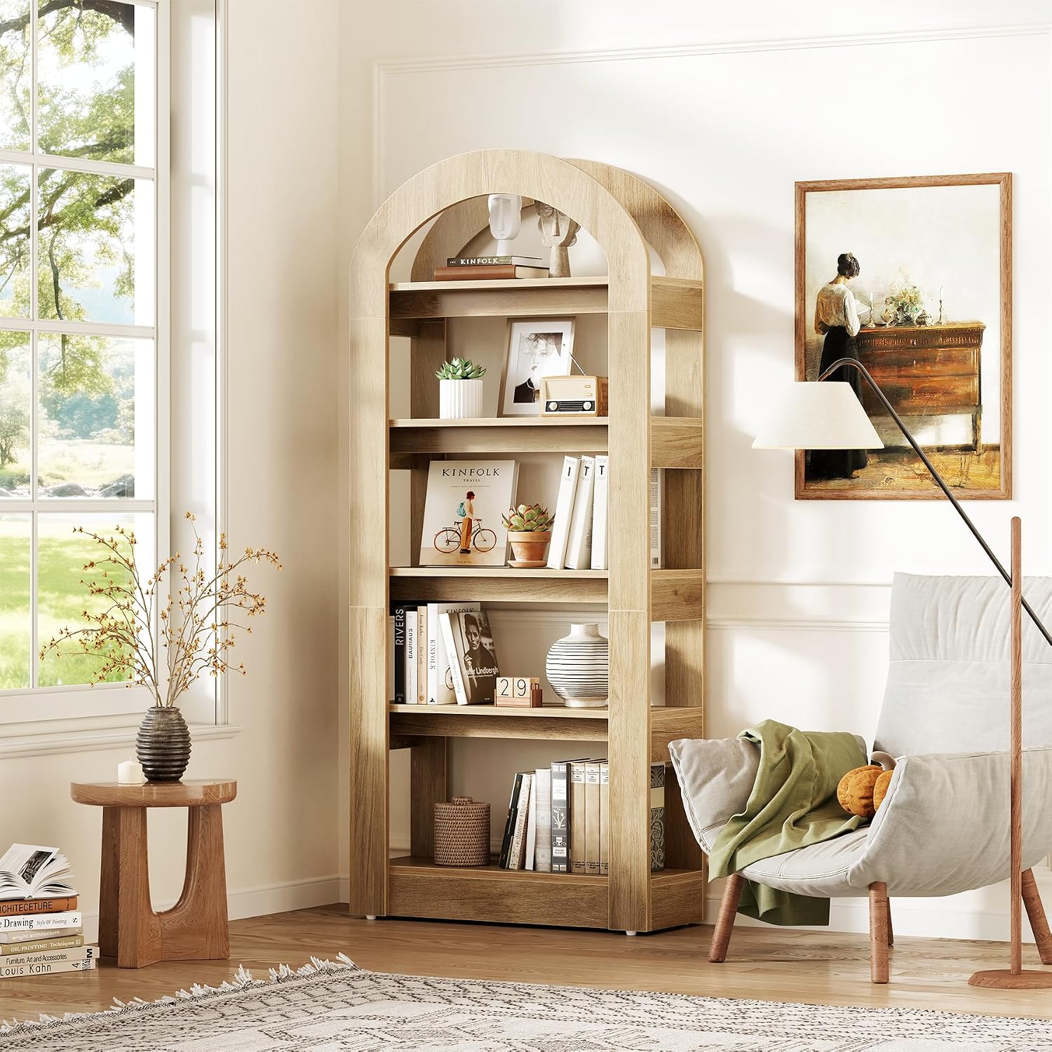 LITTLE TREE 5-Tier Bookshelf, Arch-Shaped Racks, Tall Standing Wooden Bookcase Display Shelf Modern Storage Solution (2, Teak Color)