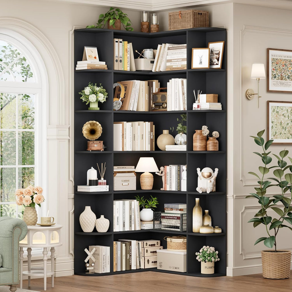 FOTOSOK 72' Tall Corner Bookshelf, 6-Tier Bookshelf and Bookcase with Open Storage, L Shaped Tall Bookcases Wooden Storage Shelves for Home Office, Thickened Boards for Better Load Bearing, Black