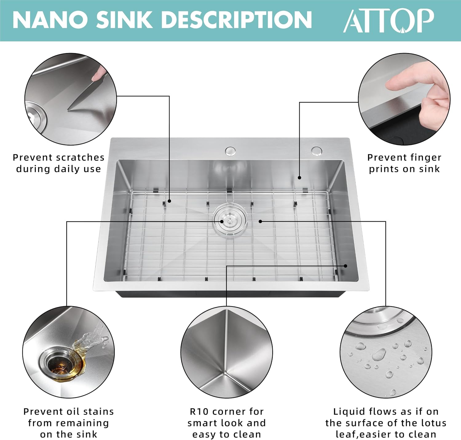 ATTOP 33 Inch Large Single Bowl Drop in Kitchen Sink,Nano Coating Stainless Steel Handmade Single Bowl Topmount Kitchen Sink