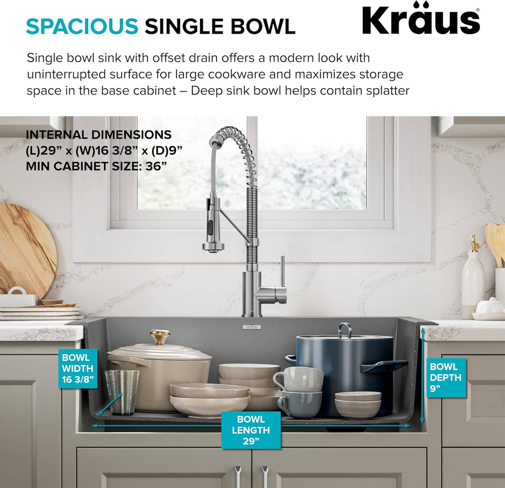 KRAUS Forteza 33-inch Drop In/Undermount Single Bowl Granite Kitchen Sink in Grey, KGD-54GREY
