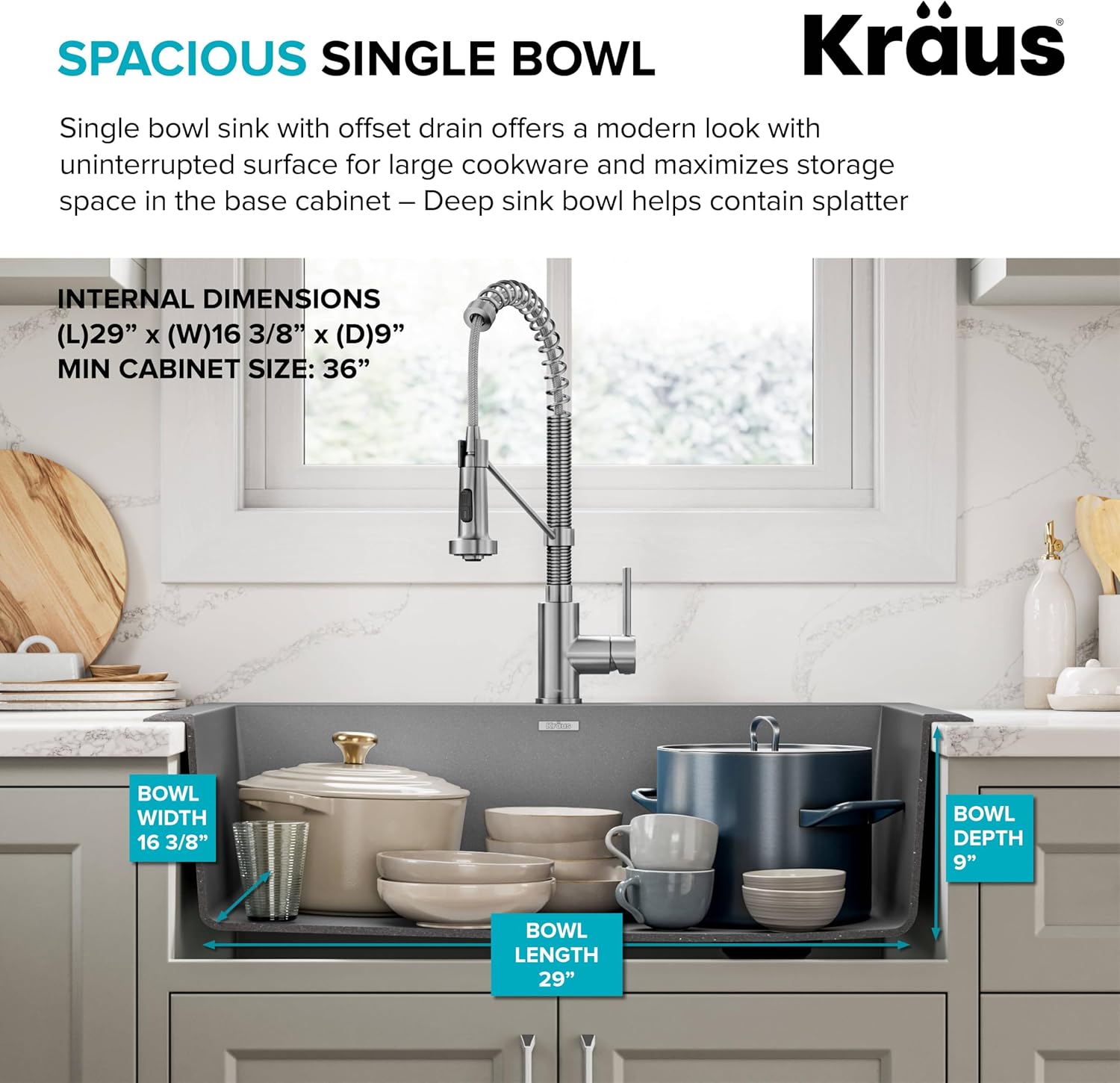 KRAUS Forteza 33-inch Drop In/Undermount Single Bowl Granite Kitchen Sink in Grey, KGD-54GREY