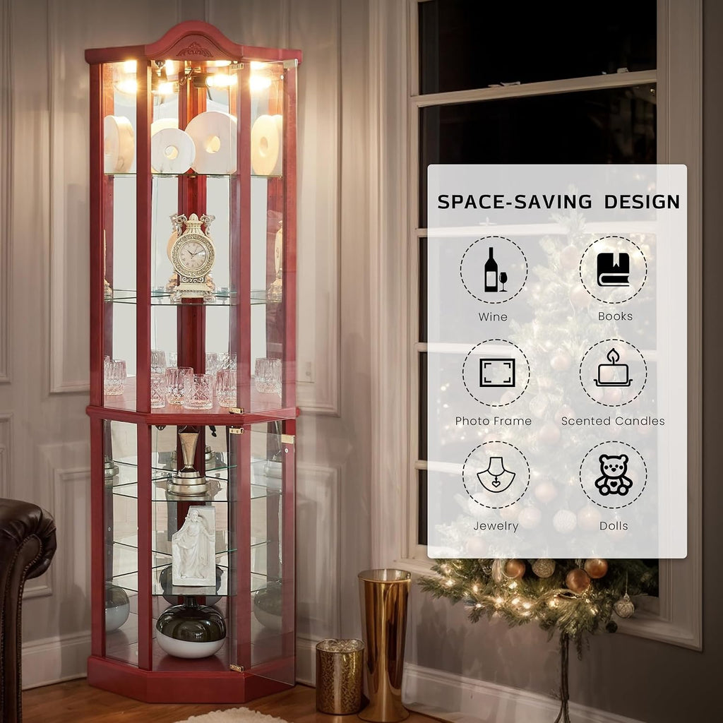 72' H Lighted Corner Curio Cabinet, Wooden Curio Cabinet with Tempered Glass Doors, 6-Tier Shelves Corner Cabinet with Glass, Liquor Display Storage Rack for Living Room(Cherry)