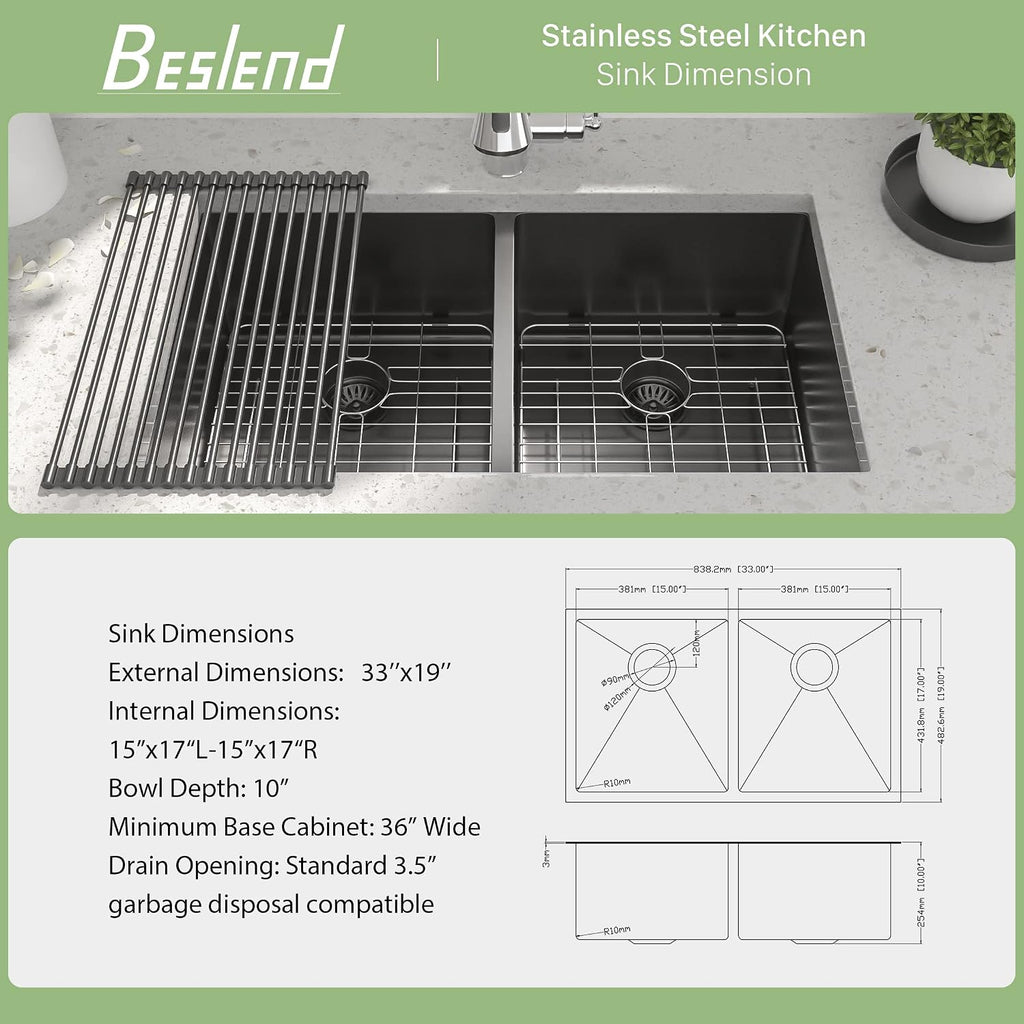 33 Inch Black Undermount Kitchen Sink - Beslend 33'x19'x10' Stainless Steel Gunmetal Black 16 Gauge 10 Inch Deep 50/50 Double Bowl Kitchen Sink Basin, 33 Inch-50/50