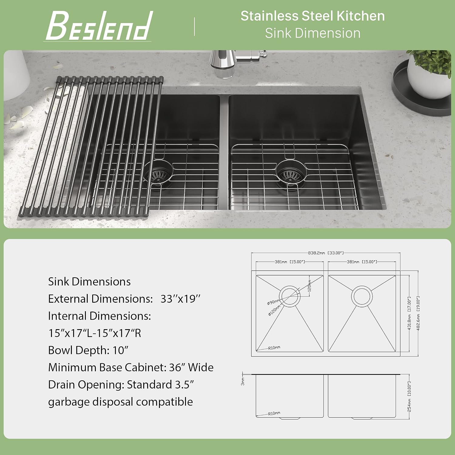 33 Inch Black Undermount Kitchen Sink - Beslend 33'x19'x10' Stainless Steel Gunmetal Black 16 Gauge 10 Inch Deep 50/50 Double Bowl Kitchen Sink Basin, 33 Inch-50/50