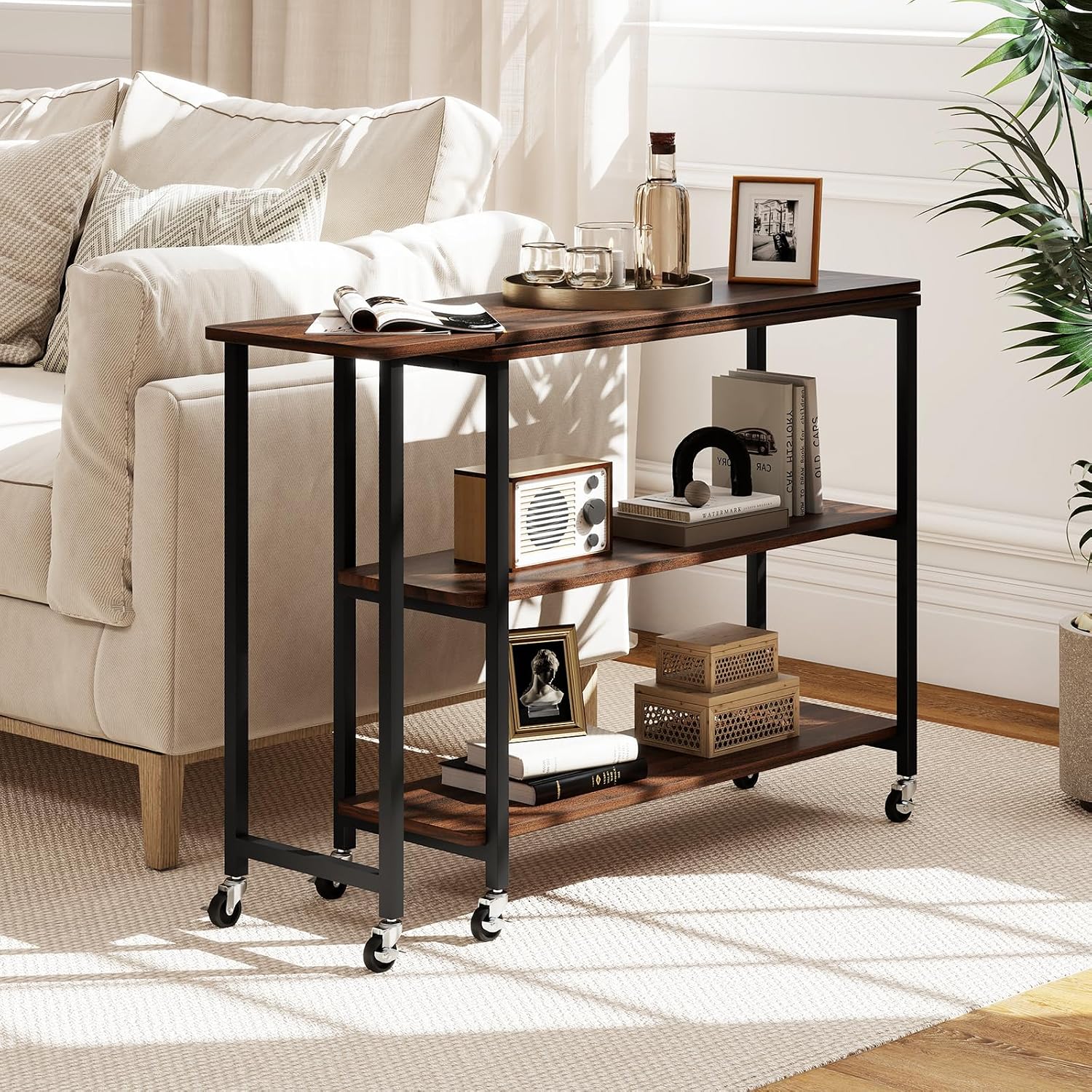 Giantex 360° Free Rotating Sofa Side Table, Patented Mobile End Table with 2-Tier Storage Shelves, 6 Universal Casters, Movable Laptop Tables for Snack, Couch, Walnut
