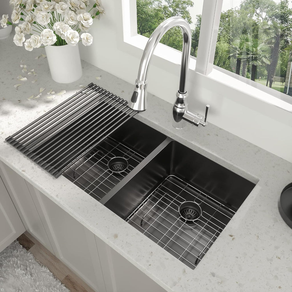 33 Inch Black Undermount Kitchen Sink - Beslend 33'x19'x10' Stainless Steel Gunmetal Black 16 Gauge 10 Inch Deep 50/50 Double Bowl Kitchen Sink Basin, 33 Inch-50/50