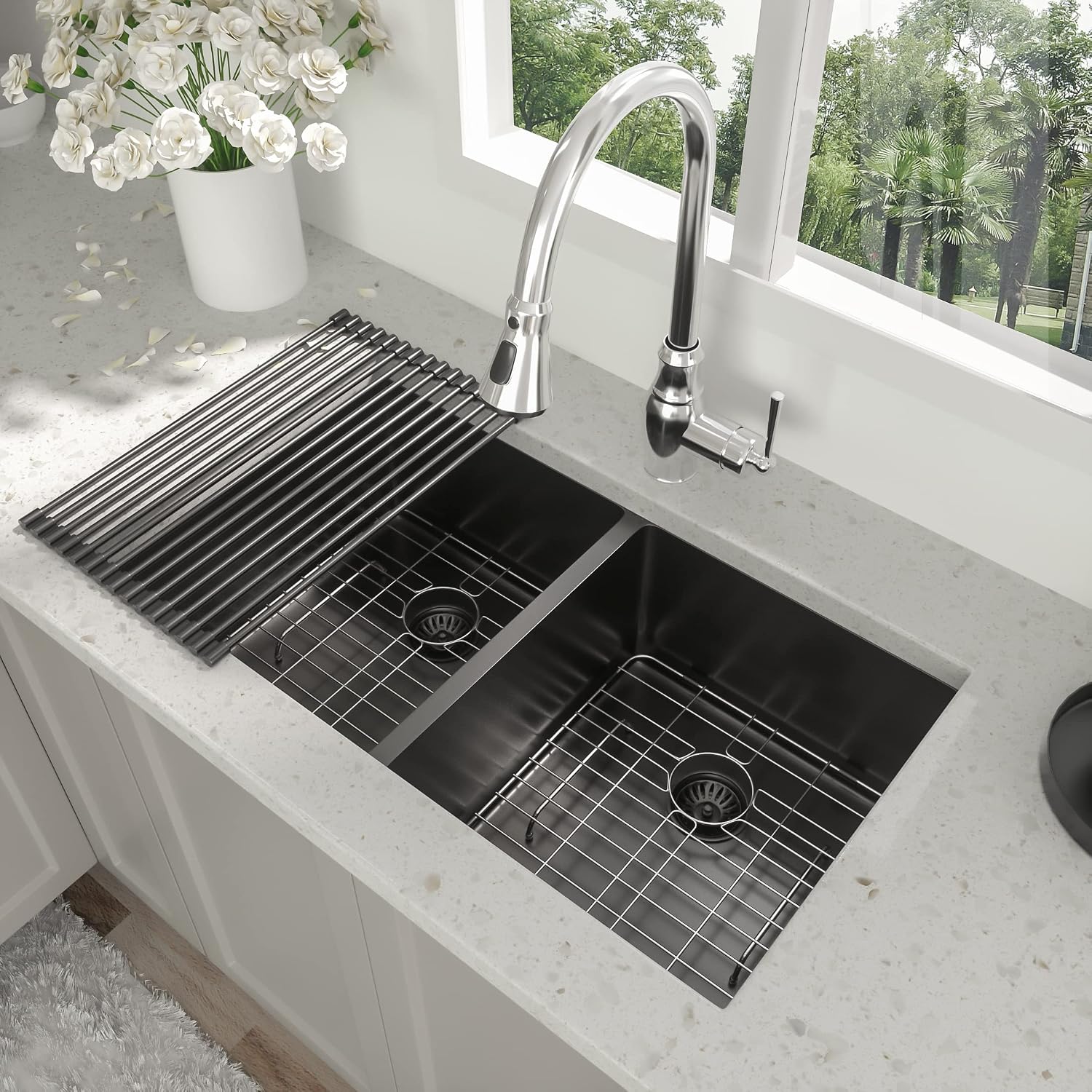 33 Inch Black Undermount Kitchen Sink - Beslend 33'x19'x10' Stainless Steel Gunmetal Black 16 Gauge 10 Inch Deep 50/50 Double Bowl Kitchen Sink Basin, 33 Inch-50/50