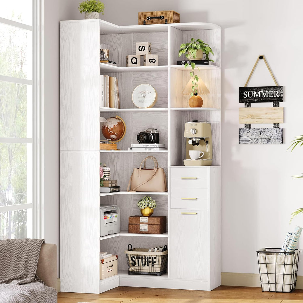 IRONCK Corner Bookshelf, 76' Tall Corner Bookshelves, 6 Tiers L-Shaped Bookcase with 10 Open Shelves and 2 Storage Drawers for Living Room or Home Office