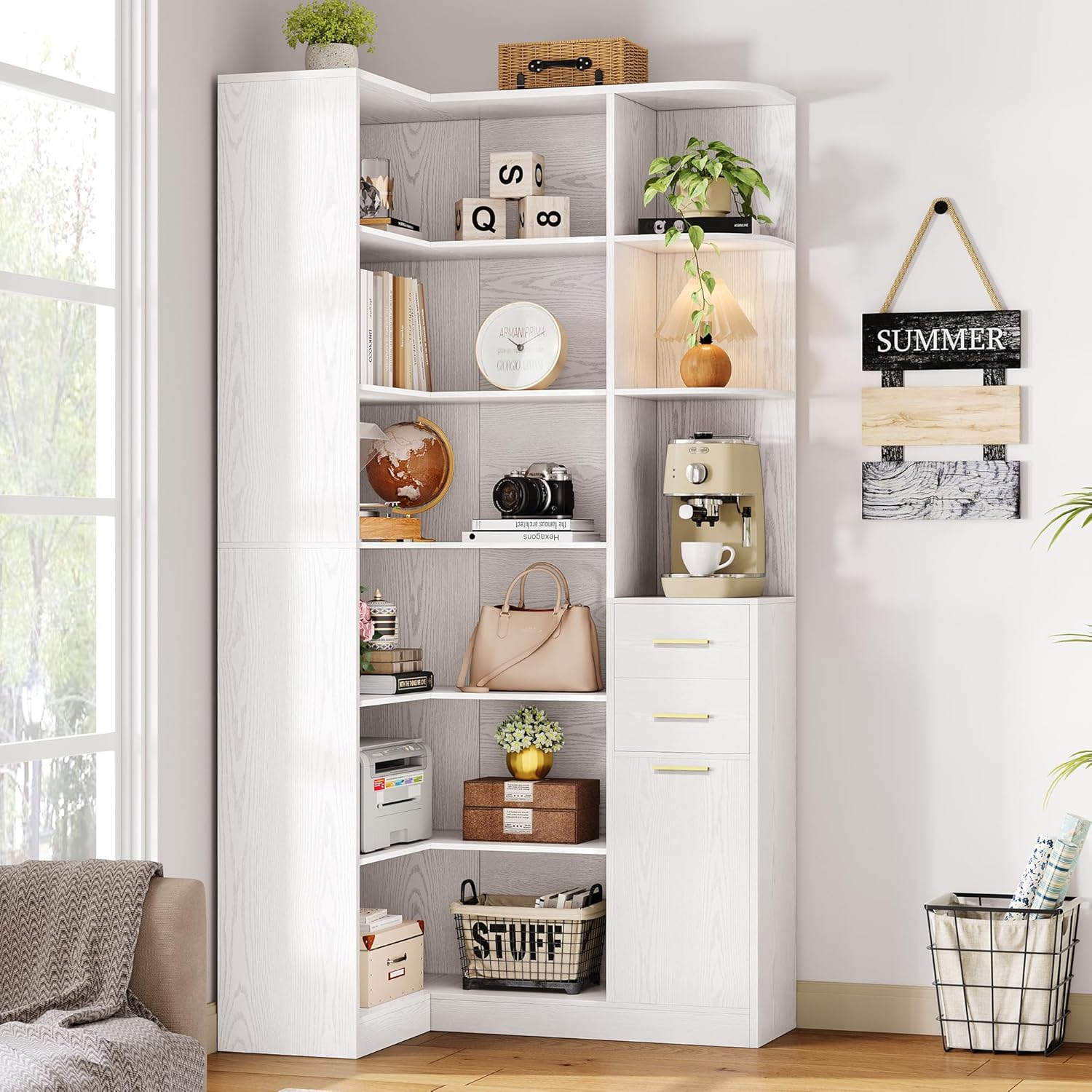 IRONCK Corner Bookshelf, 76' Tall Corner Bookshelves, 6 Tiers L-Shaped Bookcase with 10 Open Shelves and 2 Storage Drawers for Living Room or Home Office
