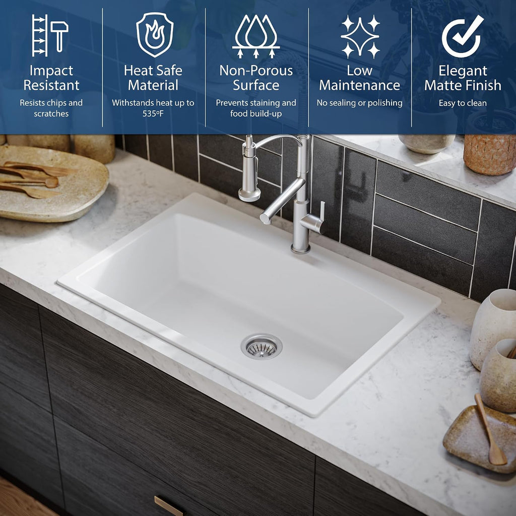 Karran QT-712 33 Inch Drop-In Quartz Composite Single Bowl Kitchen Sink, Top Mount, 1-Hole, Heat & Scratch Resistant, Easy Clean, White
