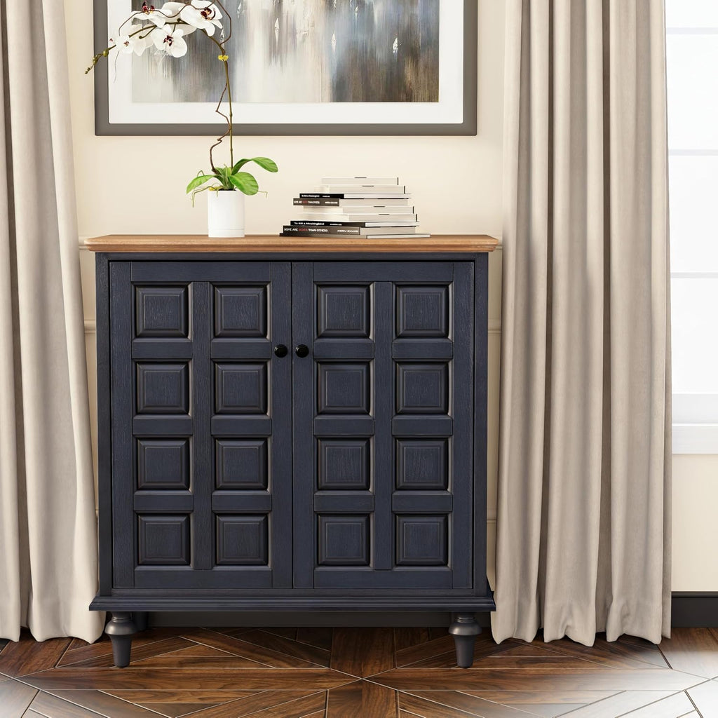 Aoikax Retro 2 Door Storage Cabinet with Plaid Pattern Front, Vintage Side Table for Bedroom, Living Room, Handles, Two-Shelves, Pine Wood, Dark Blue, Natural Wood