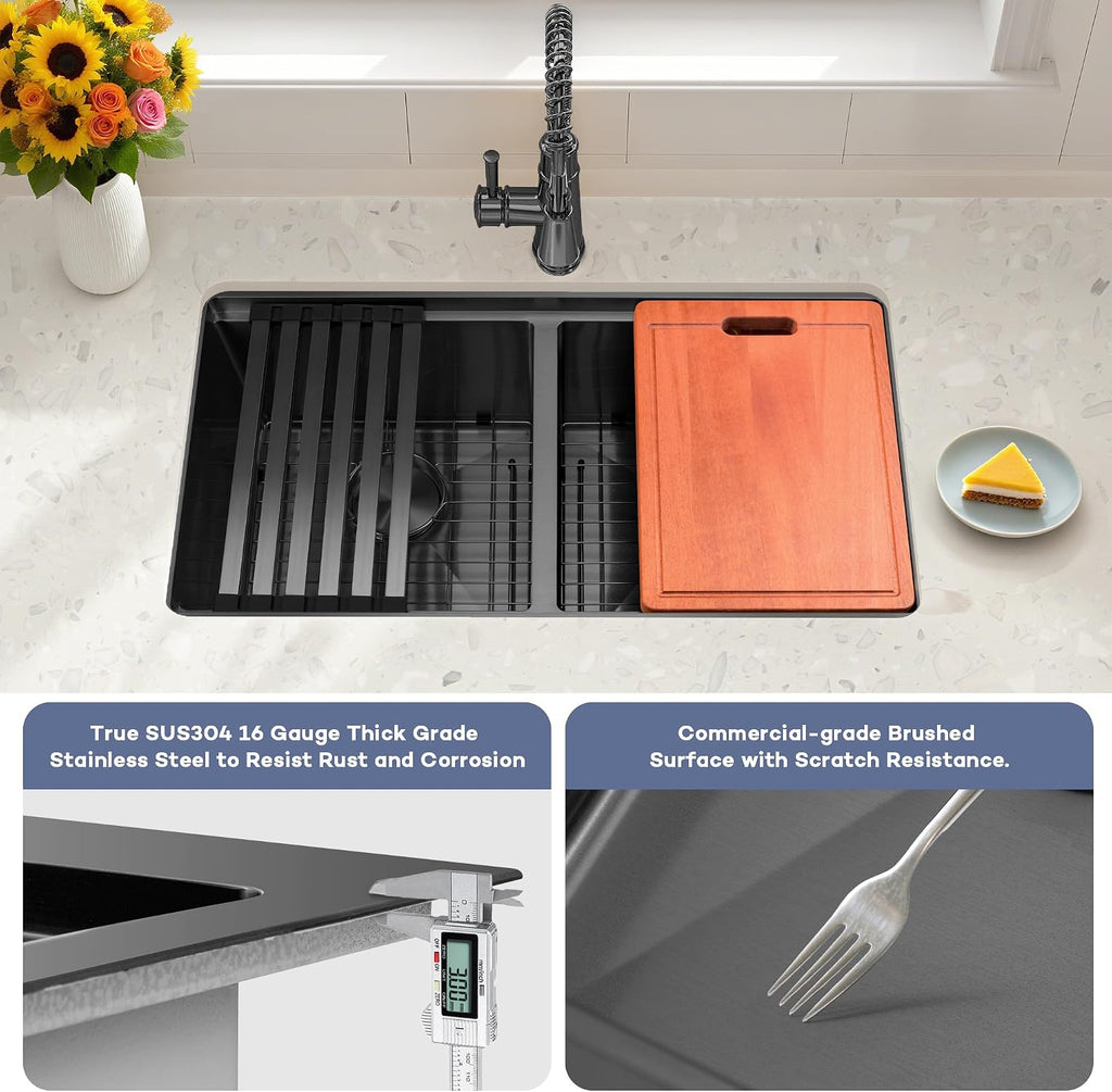 MILOSEN Black Double Bowl Kitchen Sink, 30x18 Inch T304 Stainless Steel Undermount Workstation Sink, 50/50 Double Bowl 10 Inch Deep Handmade Kitchen Sinks, Undermount Black Sinks with Accessories