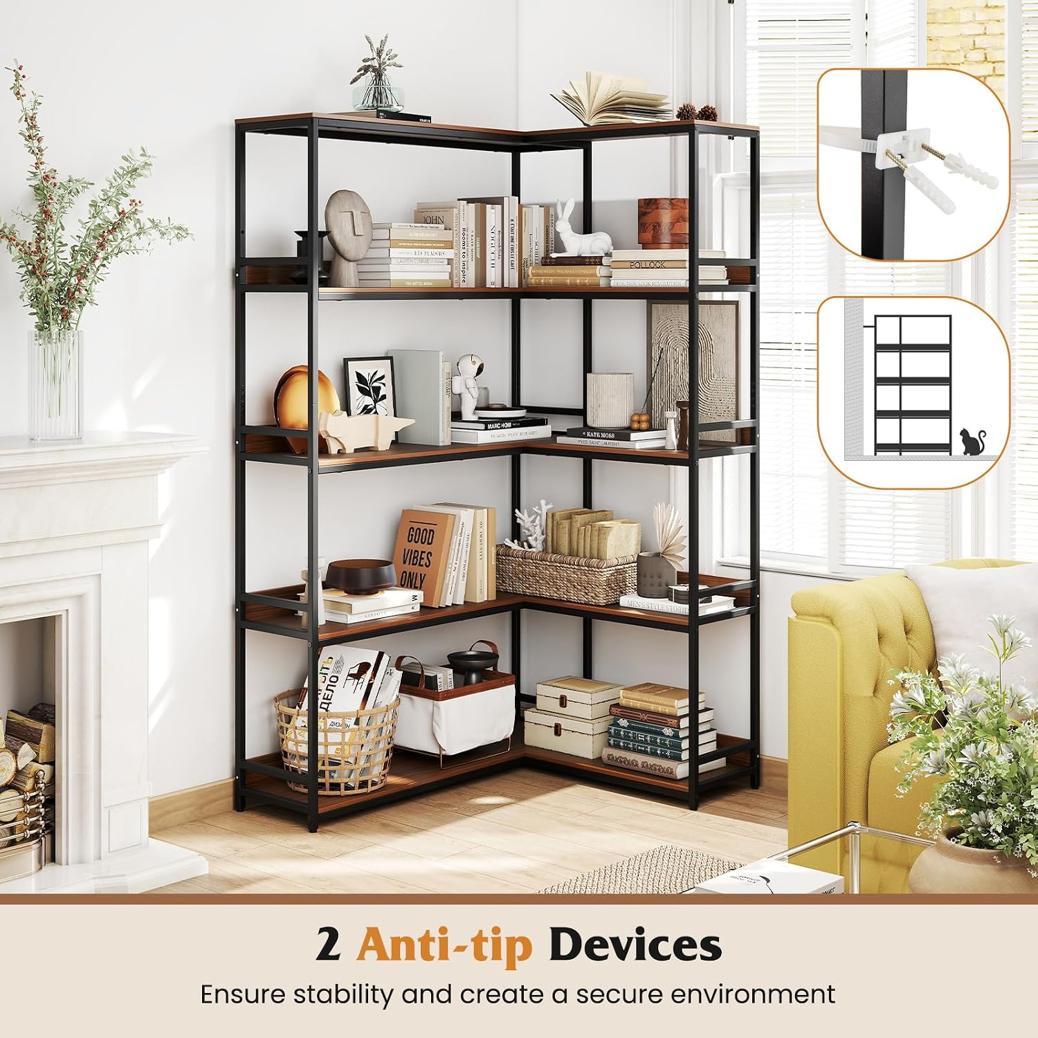 Tangkula Large Corner Bookshelf, 90 Degrees 5-Tier Industrial Wood Open Corner Bookcase for Small Spaces, Heavy-Duty Metal Frame, 71'H L-Shaped Storage Display Rack for Living Room (Walnut)