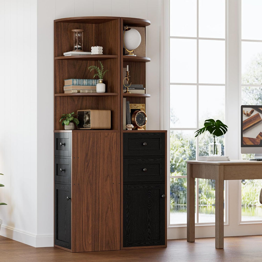 IRONCK Corner Bookshelf and Bookcase, 71' H Wooden Book Shelves 3 Tier with Drawers and Storage Cabinet for Living Room, Office, Bedroom, Brown and Black
