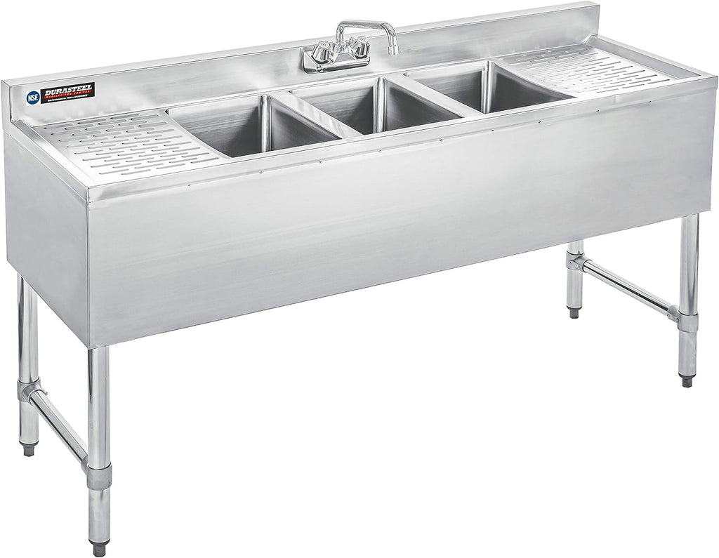 DuraSteel 3 Compartment Under Bar Sink - CEC & NSF 304 Stainless Steel 3 Bay Utility Sink with No Lead Faucet - 60' L x 19' W x 33' H - Double Drainboard Commercial Restaurant Grade