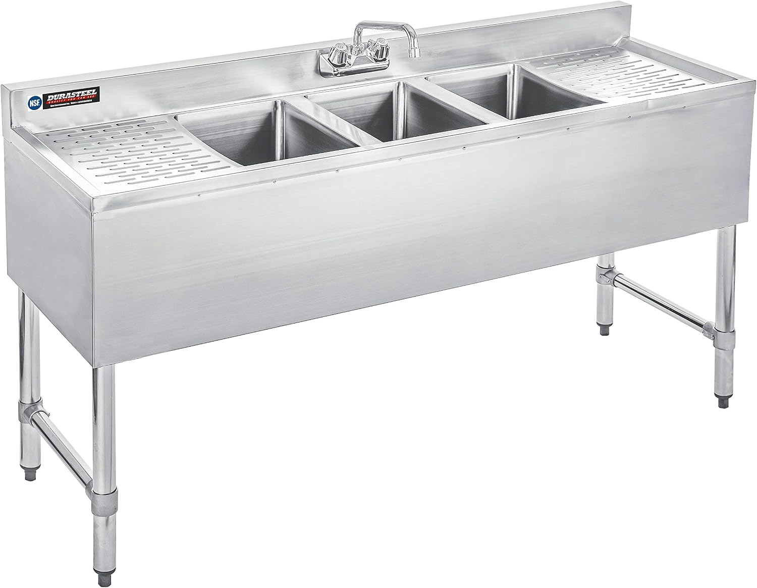 DuraSteel 3 Compartment Under Bar Sink - CEC & NSF 304 Stainless Steel 3 Bay Utility Sink with No Lead Faucet - 60' L x 19' W x 33' H - Double Drainboard Commercial Restaurant Grade
