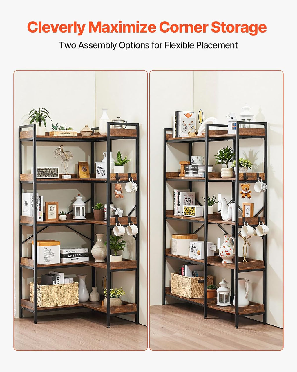 VEVOR 5 Tier Corner Bookshelf, Tall Corner Bookcase with 4 Hooks, L-Shaped Bookshelf Organizer with Metal Frame & Wooden Shelves, Reversible Display Book Shelf Rack for Bedroom, Living Room, Office