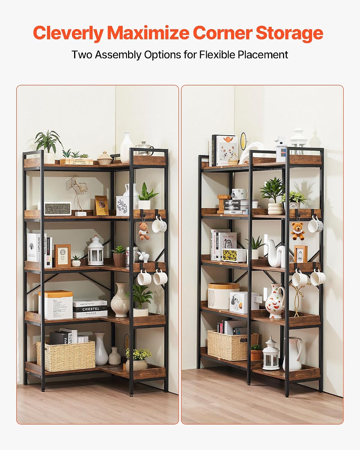 VEVOR 5 Tier Corner Bookshelf, Tall Corner Bookcase with 4 Hooks, L-Shaped Bookshelf Organizer with Metal Frame & Wooden Shelves, Reversible Display Book Shelf Rack for Bedroom, Living Room, Office