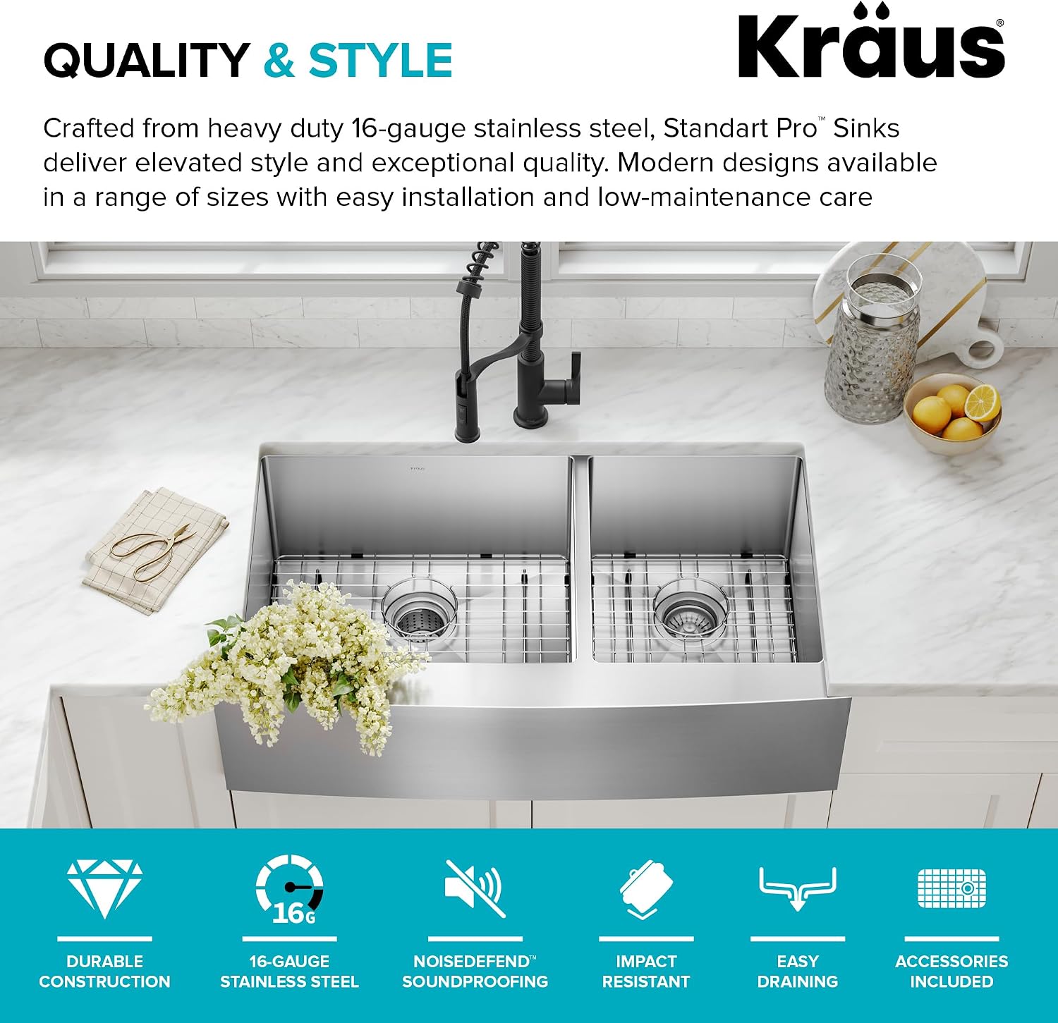 Kraus KHF203-36 Standart PRO Kitchen Stainless Steel Sink, 36 Inch Round Apron 60/40 Double Bowl