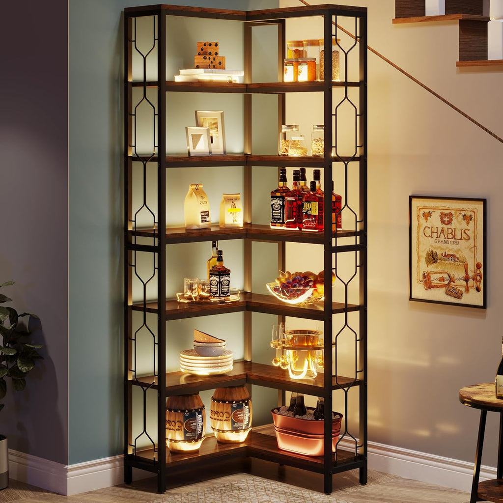 LITTLE TREE Corner Bookshelf, 7-Tier Bookcase, Tall Book Shelf Modern Book Case for Books, Garage Kit, CDs, Movies, Industrial Storage Organizer for Bedroom Home Office Kitchen Living Room, Brown