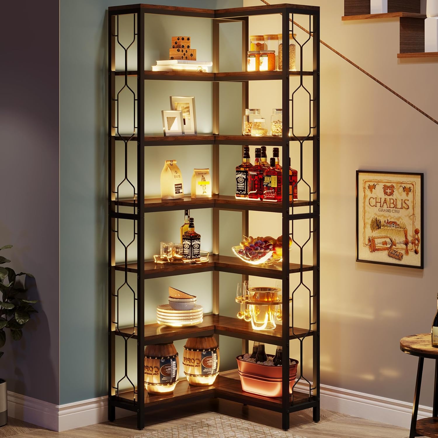 LITTLE TREE Corner Bookshelf, 7-Tier Bookcase, Tall Book Shelf Modern Book Case for Books, Garage Kit, CDs, Movies, Industrial Storage Organizer for Bedroom Home Office Kitchen Living Room, Brown