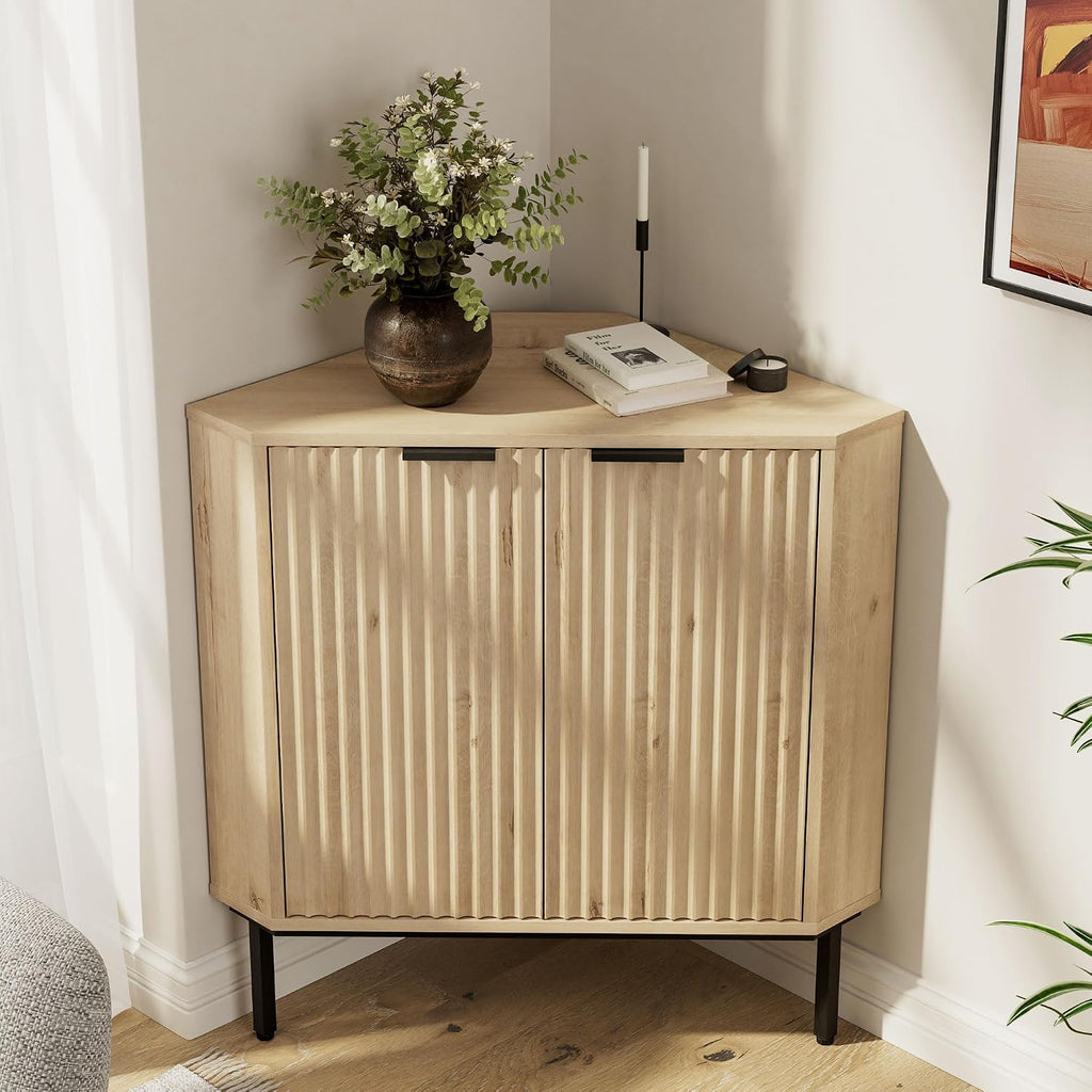 Modern Corner Cabinet, Fluted Wood Floor Storage Cabinet with Adjustable Shelf, Freestanding Narrow Organizer for Living Room Kitchen, Light Oak