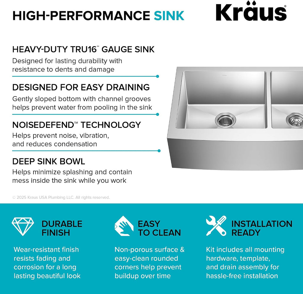 KRAUS Standart Pro 33-Inch Apron Front Farmhouse 16-Gauge 60/40 Double Bowl Stainless Steel Kitchen Sink, KHF203-33