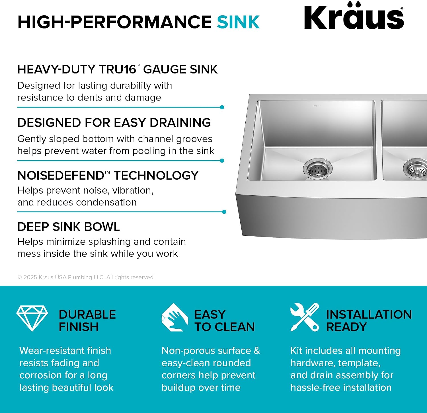 KRAUS Standart Pro 33-Inch Apron Front Farmhouse 16-Gauge 60/40 Double Bowl Stainless Steel Kitchen Sink, KHF203-33