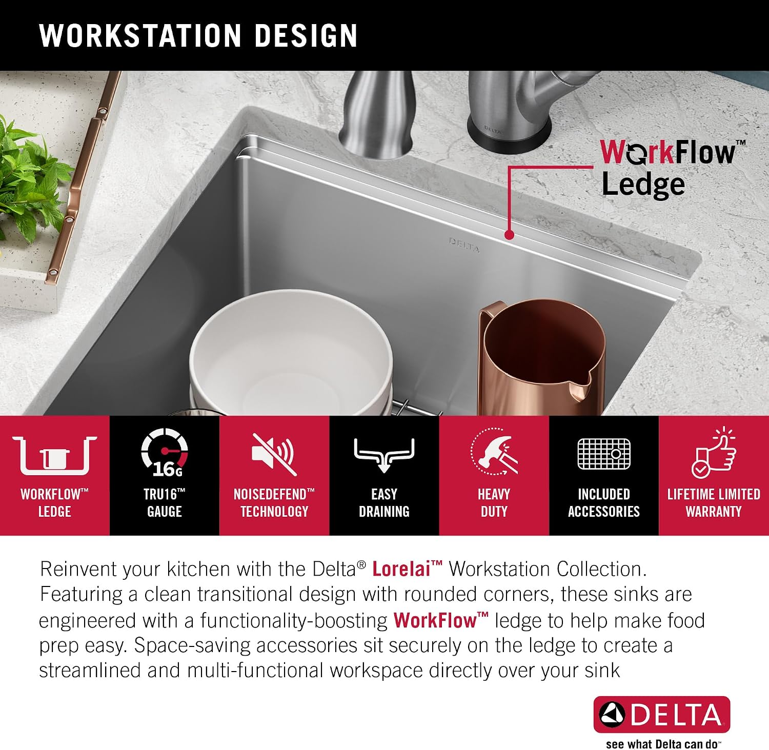 DELTA FAUCET Lorelai 17-inch Workstation Bar Prep Kitchen Sink Undermount 16 Gauge Stainless Steel Single Bowl with WorkFlow Ledge and Kit of 5 Accessories, 95B9032-17S-SS