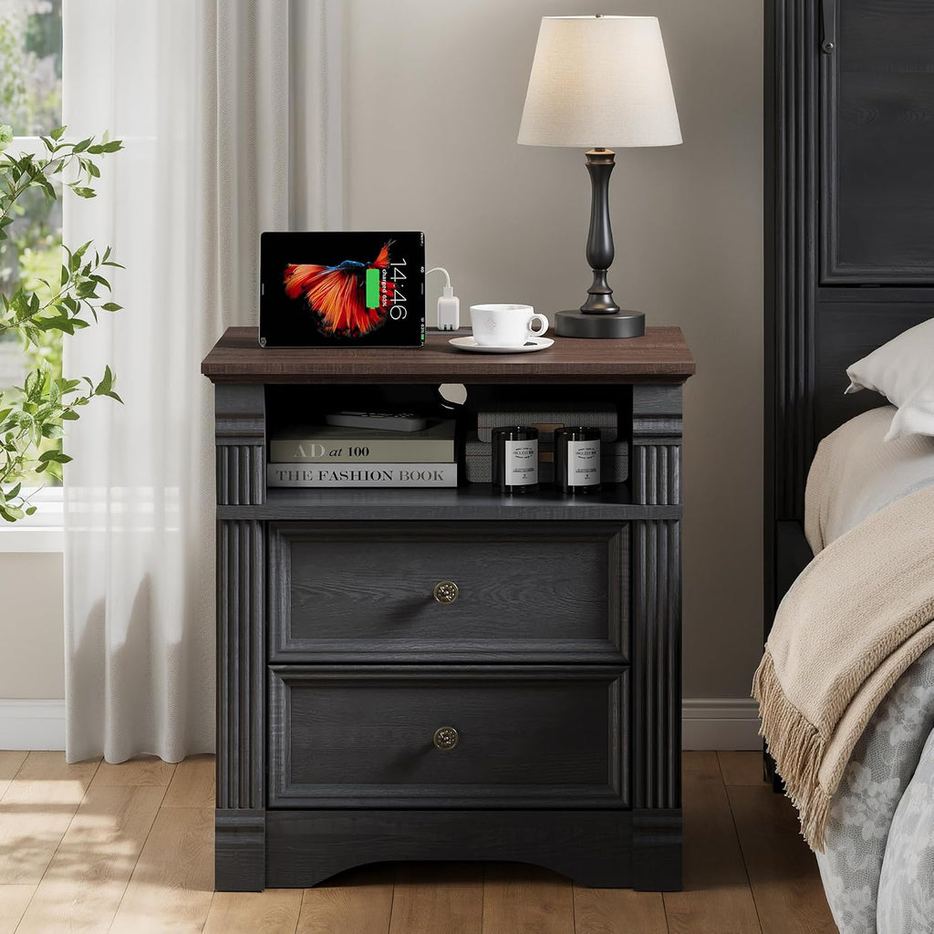 Black Nightstand with Charging Station, Side Table Storage Cabinet with 2 Drawers and Chic Wood Pilasters Design, Farmhouse Wood Bedside Table & End Table with Metal Handles for Bedroom, Living Room