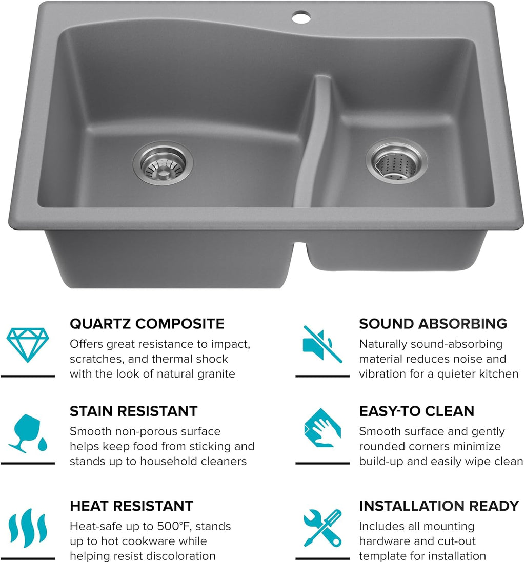 KRAUS Quarza 33-inch Drop-In/Undermount 60/40 Double Bowl Granite Kitchen Sink in Grey, KGD-442GREY