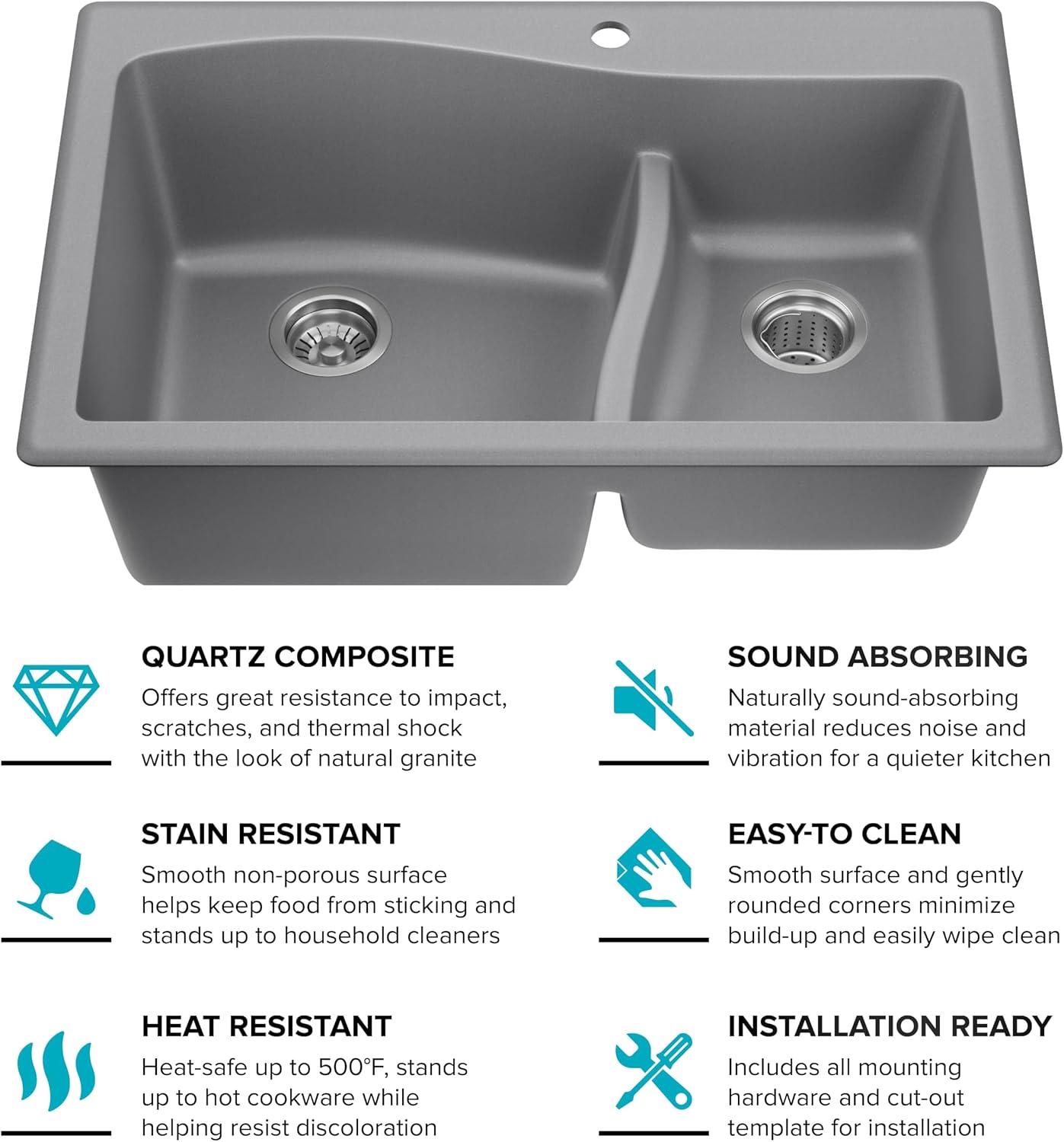 KRAUS Quarza 33-inch Drop-In/Undermount 60/40 Double Bowl Granite Kitchen Sink in Grey, KGD-442GREY