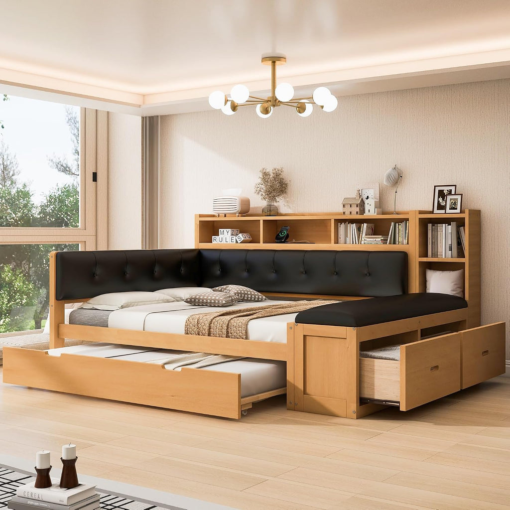 SOFTSEA Full Size Daybed with Trundle, Storage & Charging Station, Wooden Corner Daybed Frame with Upholstered Headboard & Bench for Bedroom or Apartment, No Box Spring Needed, Natural