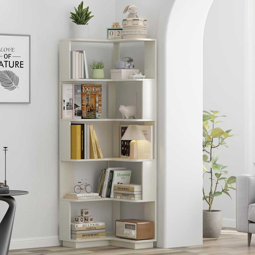 GDFStudio 64.6' Tall L-Shaped Corner Bookshelf, 6-Tier Freestanding Corner Shelf Bookcase with Anti-Drop Panels, Wooden Open Back Display Shelves Organizer for Living Room Office Bedroom, White Oak