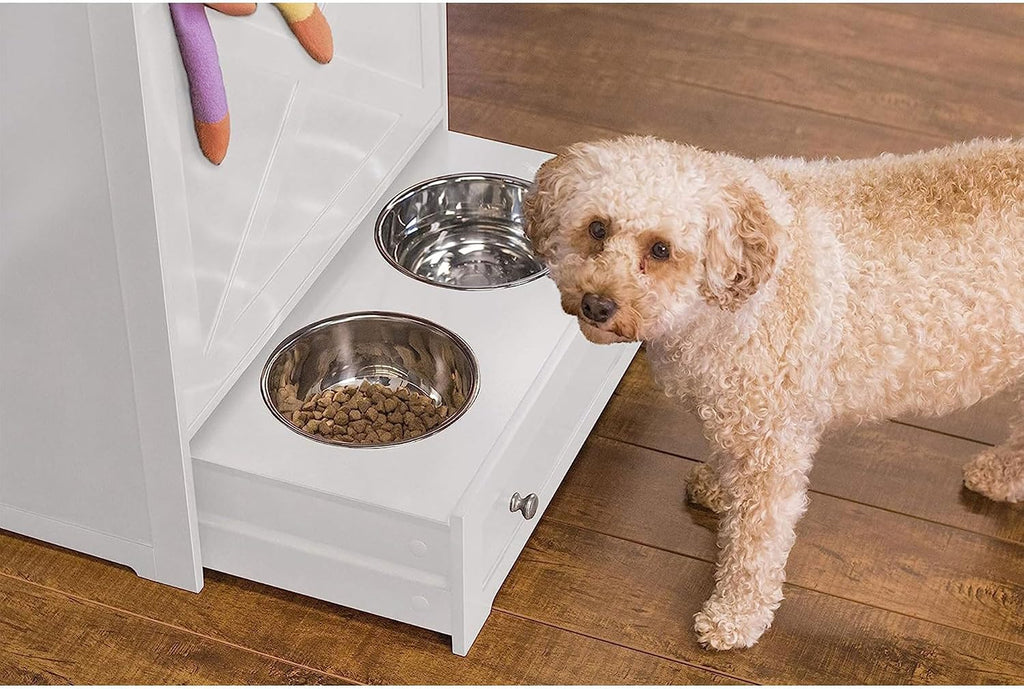zoovilla Windsor Pet Feeders with storage - dog bowl stand, pet feeder station, White 13.78?D x 24.02?W x 35.04?H