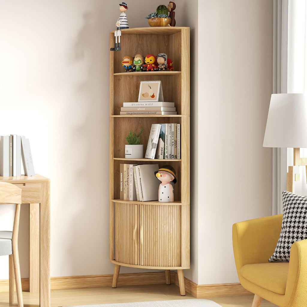 5-Tier Corner Shelf, 66.73''Tall Modern Corner Bookshelf, 5 Shelf Bookcase with 2 Fluted Doors, Freestanding Wood Corner Display Storage Shelf Organizer for Living Room, Office (Wood Color)