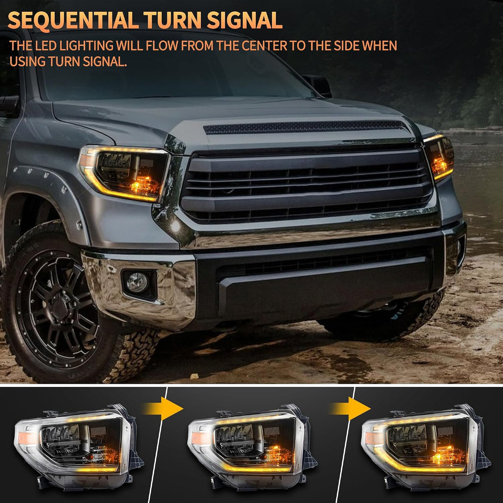 VLAND Led Headlights Compatible with 2nd Gen Facelift Tundra Pickup Trucks 2014-2021(Only Fit OEM Halogen), Front Lights w/Amber Sequential Signal Lights, No Need Bulbs Chrome Housing