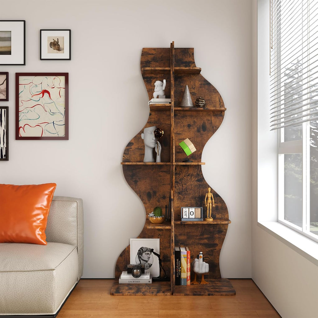 YOWOS 69.4' 5-Tier Modern Corner Bookshelf – Wavy Wooden Display Shelf with Storage, Narrow Corner Bookcase for Small Spaces, Ideal for Plants, Books & Decor (Rustic)