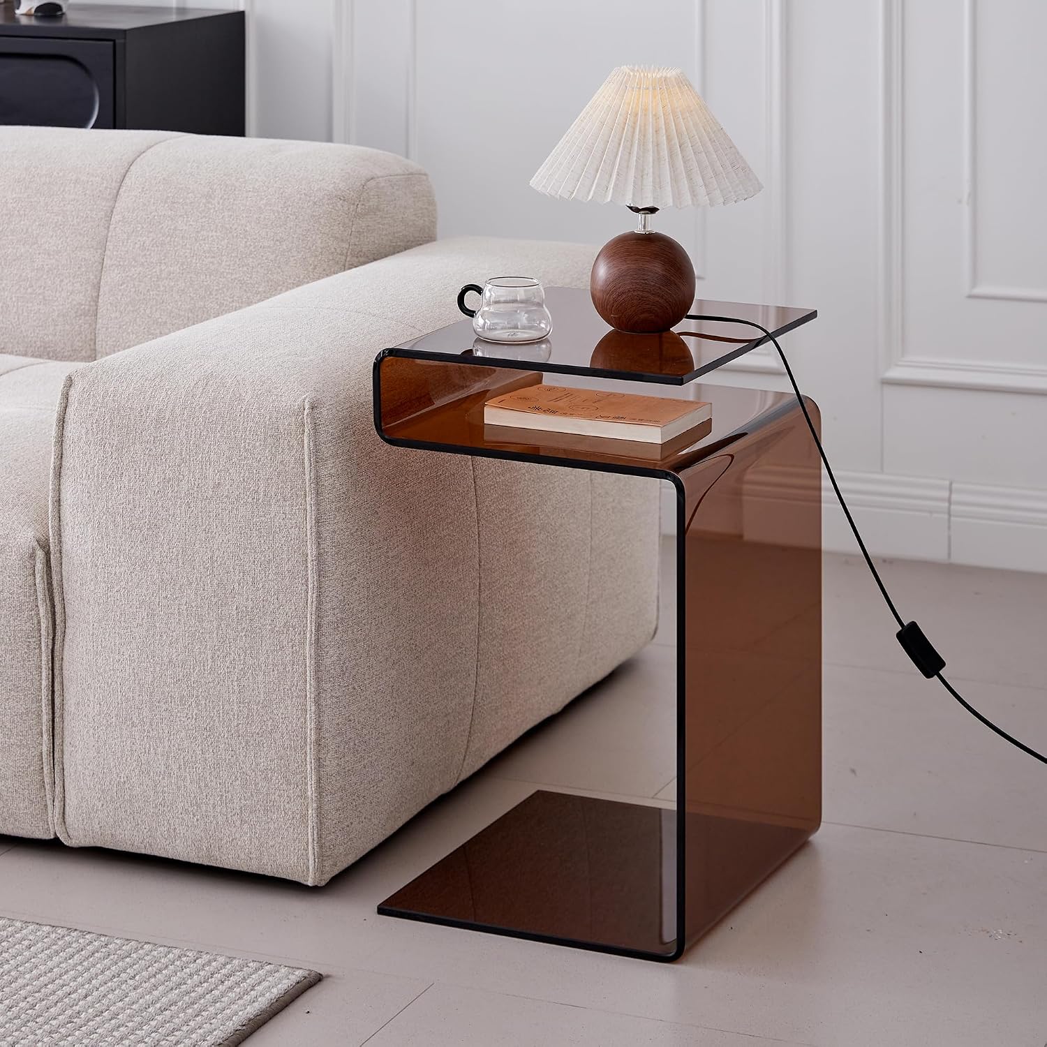Glass Nightstand,Side Table,S-Shaped End Table for Living Room,Bedside Table for Bedroom (Brown)