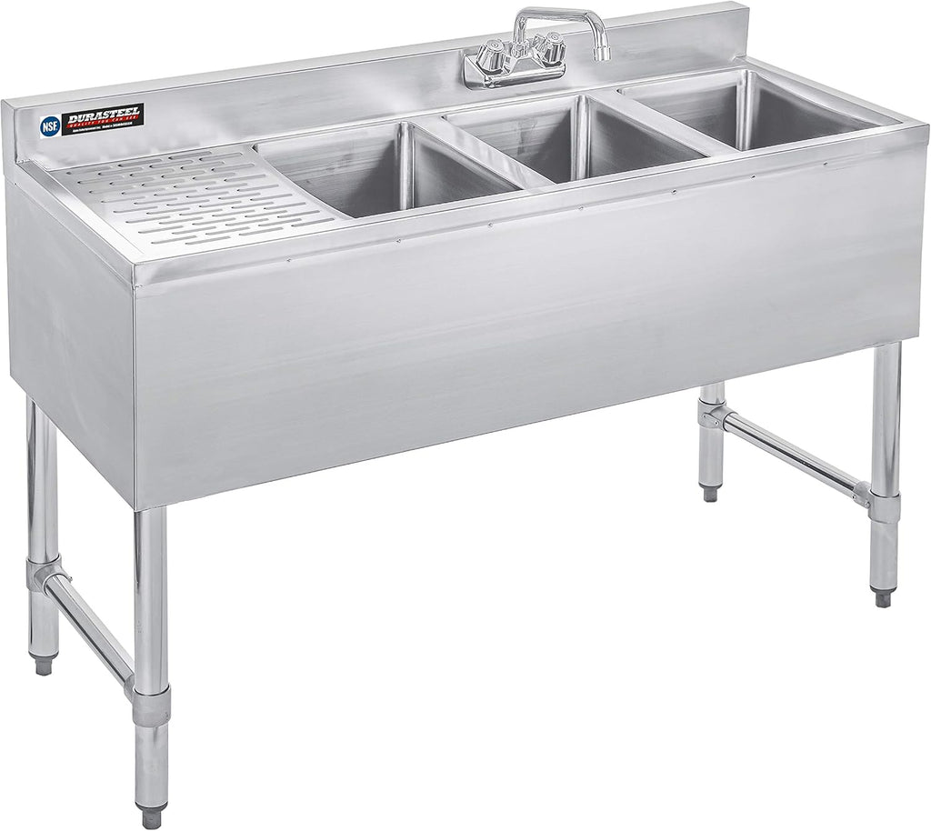 DuraSteel 3 Compartment Under Bar Sink - CEC & NSF 304 Stainless Steel 3 Bay Utility Sink with No Lead Faucet - 48' L x 19' W x 33' H - Left Drainboard Commercial Restaurant Grade