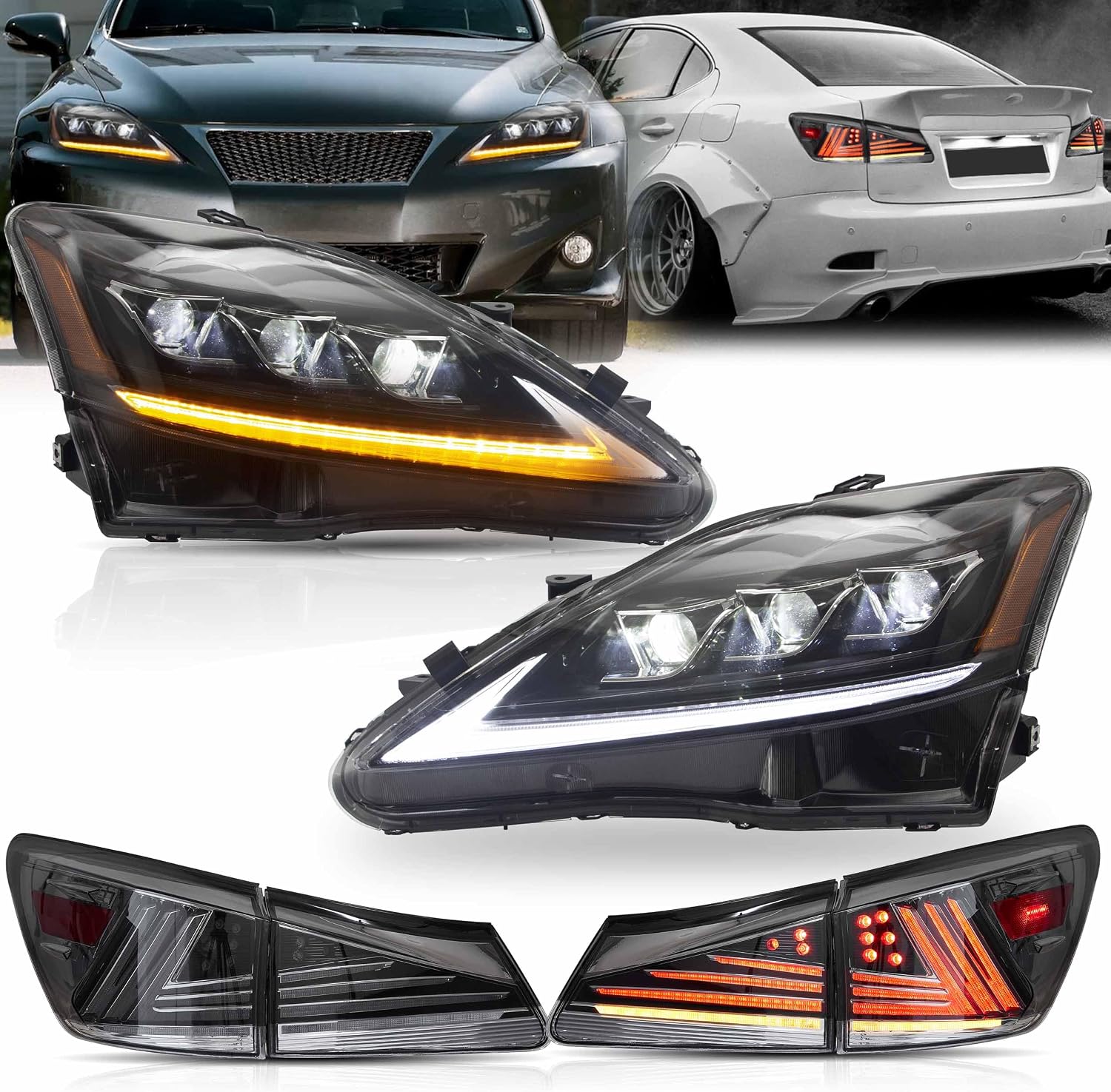 VLAND Headlights and Tail lights Fit for Lexus IS250 IS350 IS22d 2006-2012, ISF 2008-2014 4-Door, Amber+ Smoked