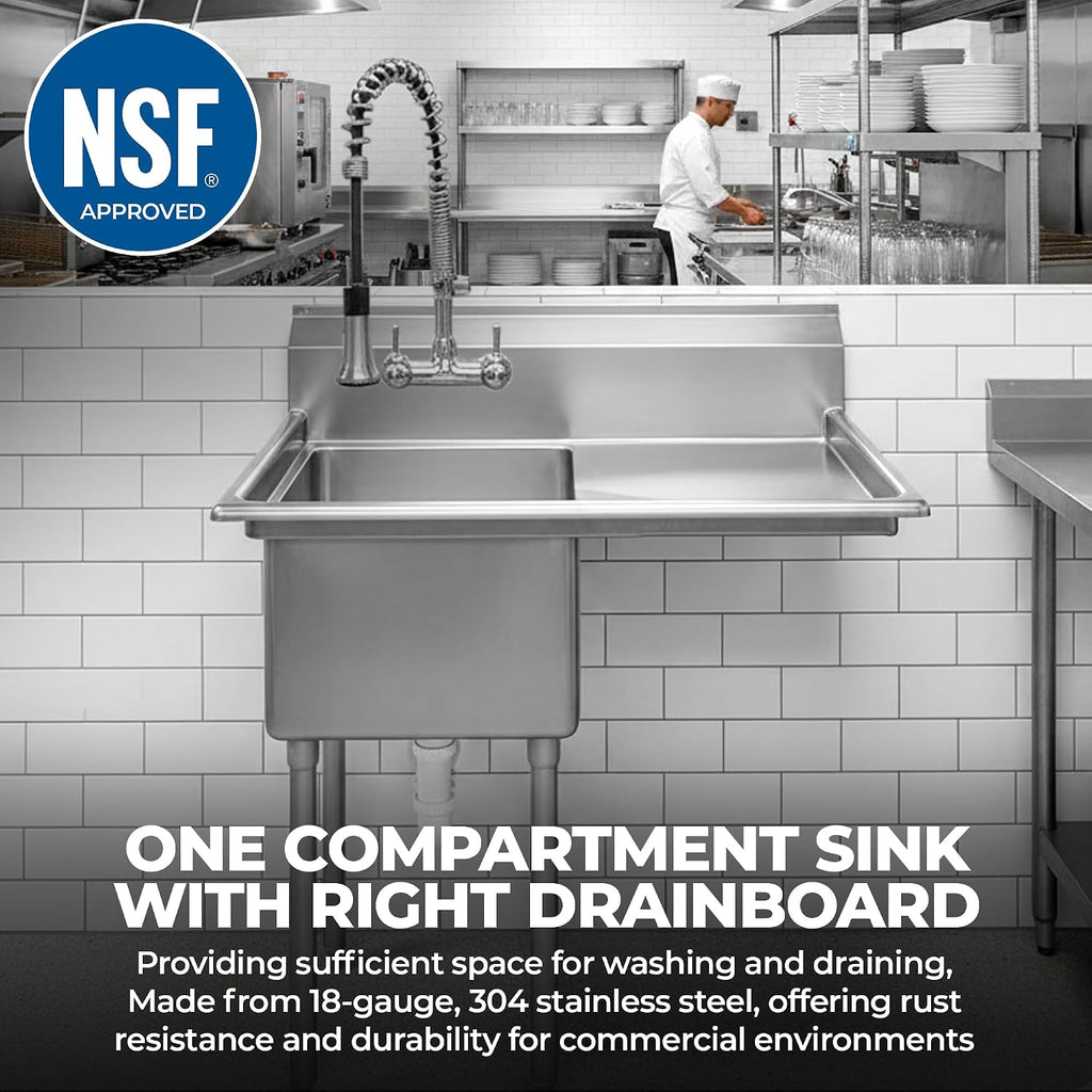 Stainless Steel Prep & Utility Sink | 304 Stainless Steel | Restaurant, Kitchen, Laundry, Garage | NSF (23 in. x 39 in. | One Bowl | Right Drainboard)