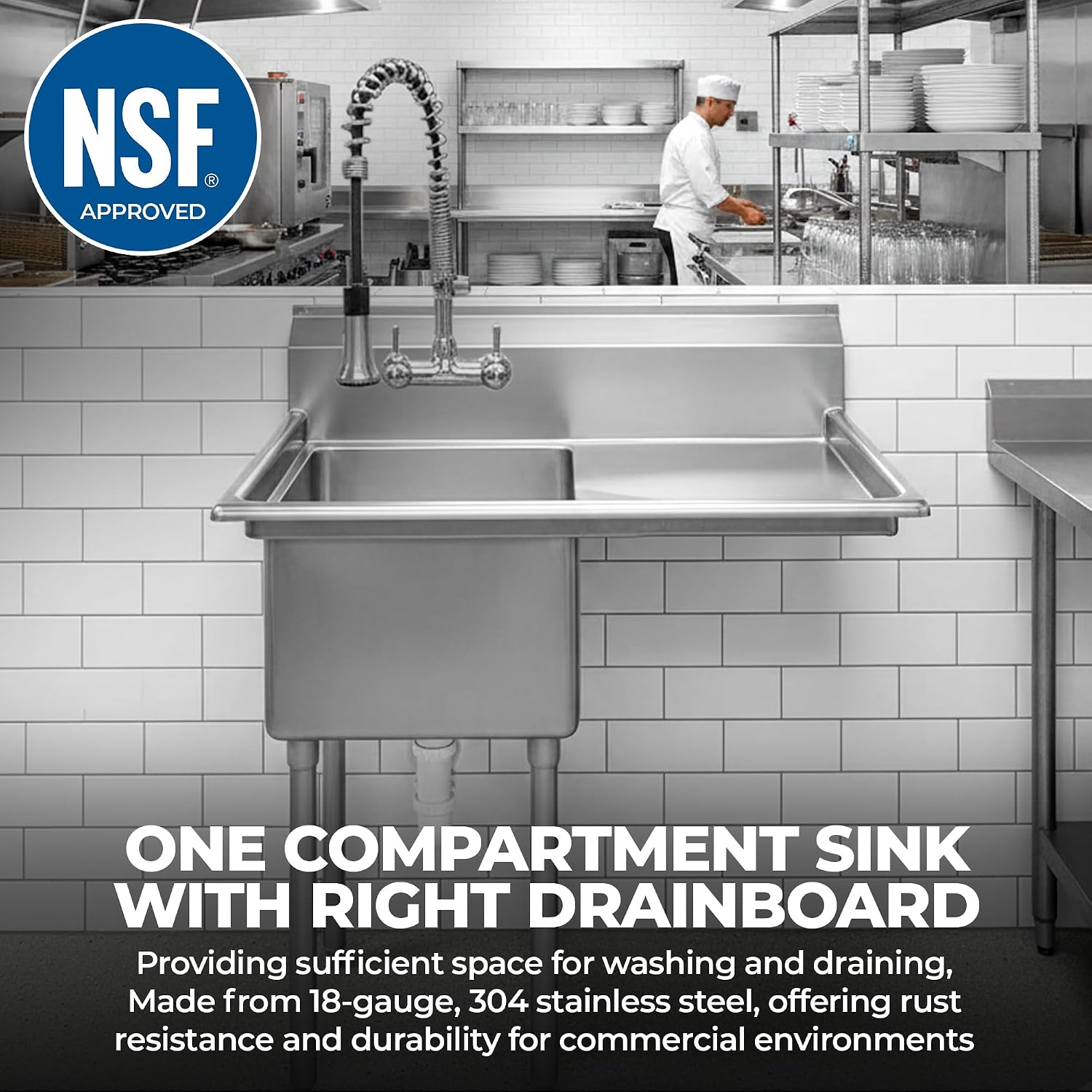 Stainless Steel Prep & Utility Sink | 304 Stainless Steel | Restaurant, Kitchen, Laundry, Garage | NSF (23 in. x 39 in. | One Bowl | Right Drainboard)
