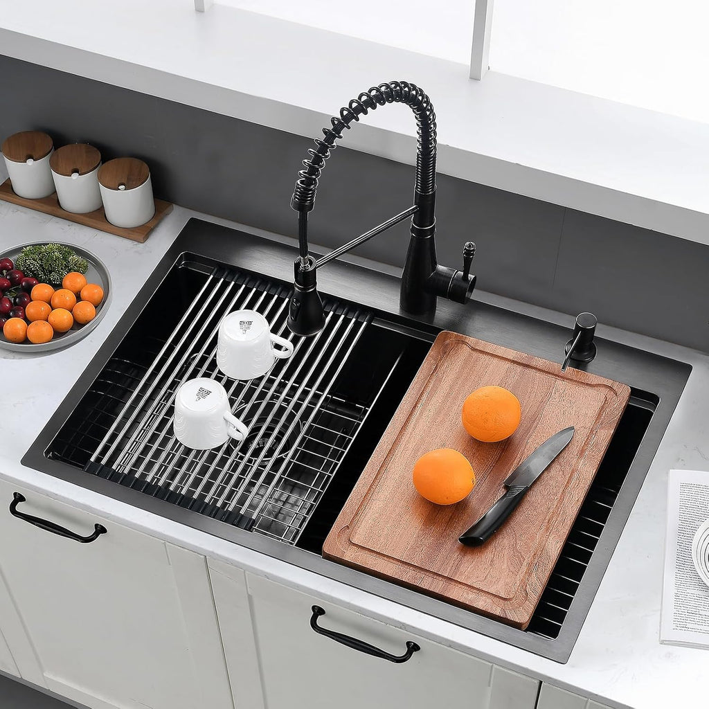 33x22 Black Double Bowl Drop In Kitchen Sink Workstation - 16 Gauge Stainless Steel Workstation Sinks 50/50 Split, Top Mount Drop In Kitchen Sink Double Bowl with Accessories