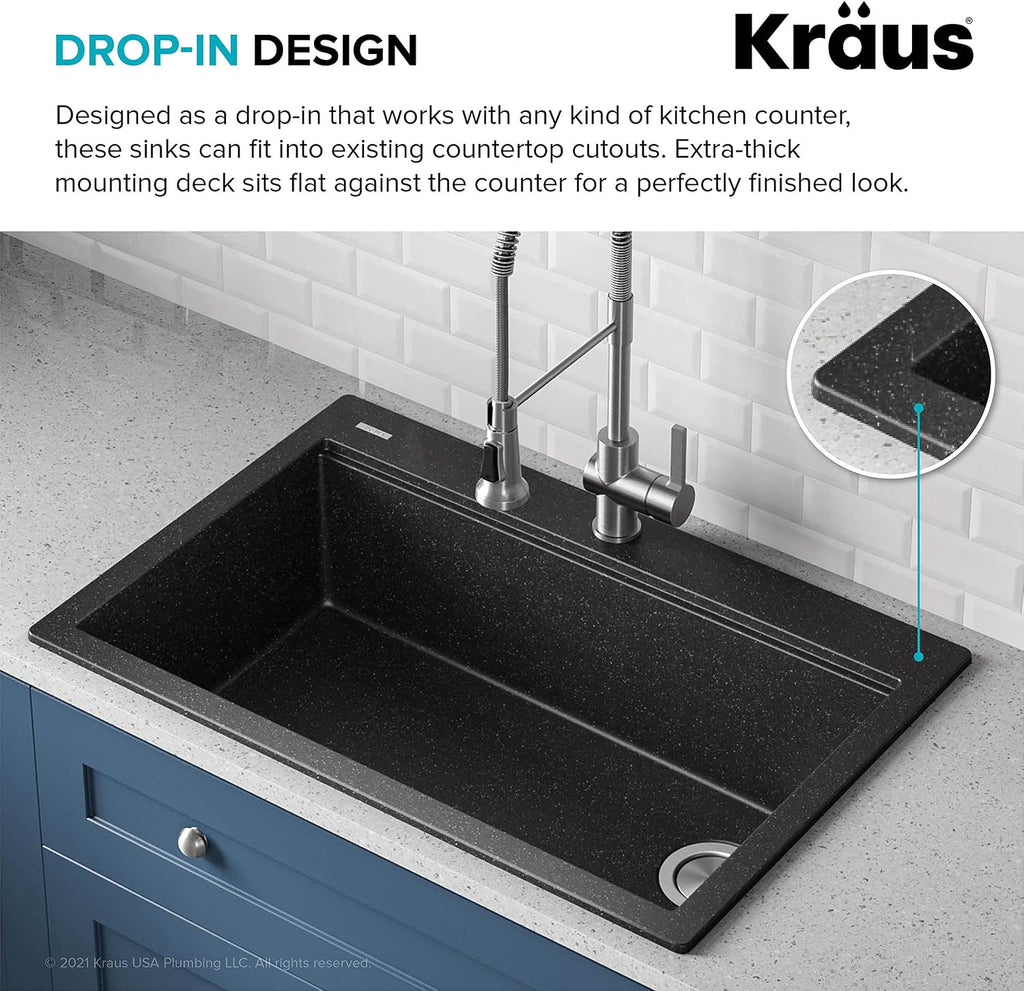 KRAUS Bellucci Workstation 33' Single Bowl Granite Kitchen Sink in Metallic Black w/Accessories, KGTW2-33MBL, Includes Dish Drainer/Dish Drying Rack