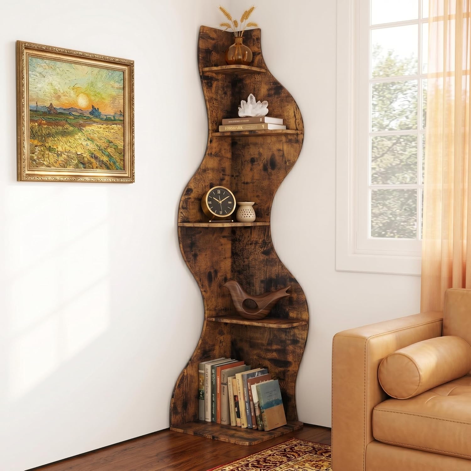 YOWOS 69.4' 5-Tier Modern Corner Bookshelf – Wavy Wooden Display Shelf with Storage, Narrow Corner Bookcase for Small Spaces, Ideal for Plants, Books & Decor (Rustic)