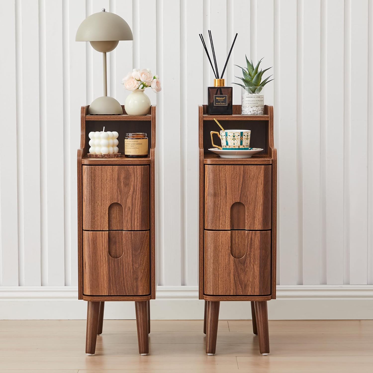 Narrow Nightstand Set of 2, Wood 2 Drawer Small Nightstand, Slim Side Table, Modern Skinny End Bedside Table, Natural Wood Night Stand with Drawers for Bedroom (Walnut-2 pcs)