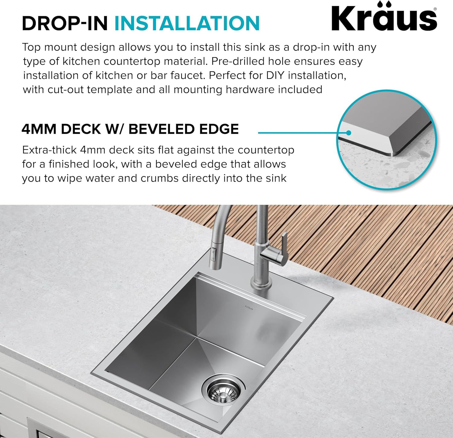 KRAUS Kore 15x22-Inch Drop In/Top Mount Workstation 16 Gauge Single Bowl Stainless Steel Bar Kitchen Sink with Accessories, Kitchen Sinks