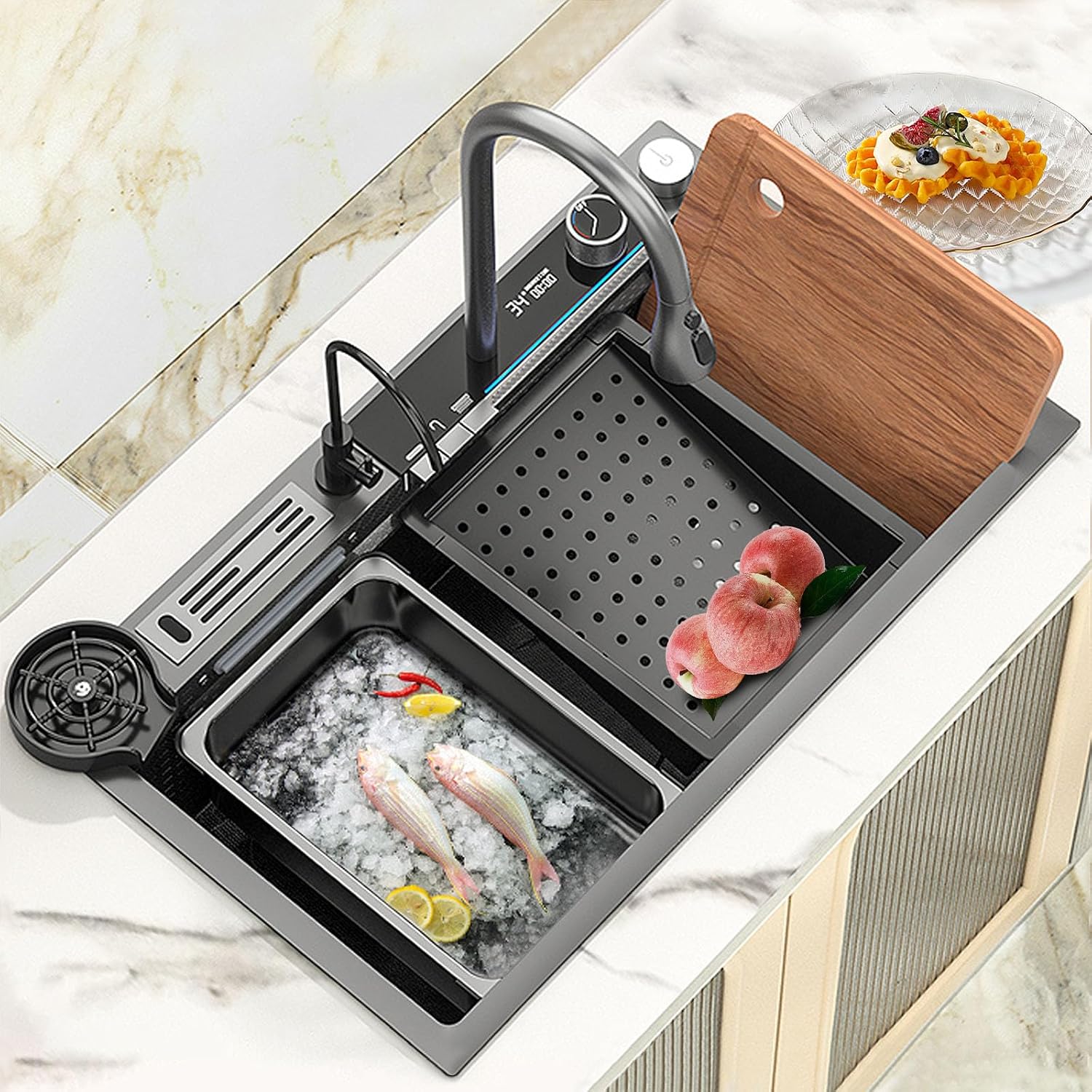 Kitchen Sink 304 Stainless Steel Undermount Sink Drop in Single Bowl Kitchen Sinks, With Pull Down Sprayhead Faucet, With Pressurized Cup Washer and Two Waterfalls (31.5 x 18.1 inch)
